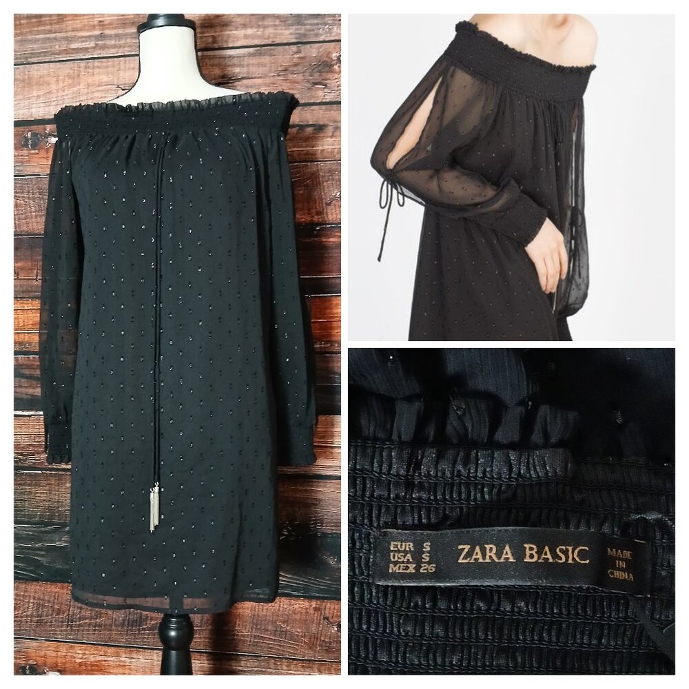 NWT Zara Dress S Black Swiss Dot Off Shoulder